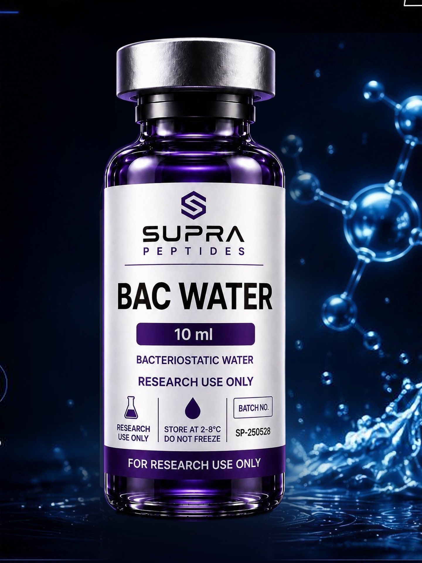 Flaske med BAC Water, bacteriostatic water, fra Supra Peptides